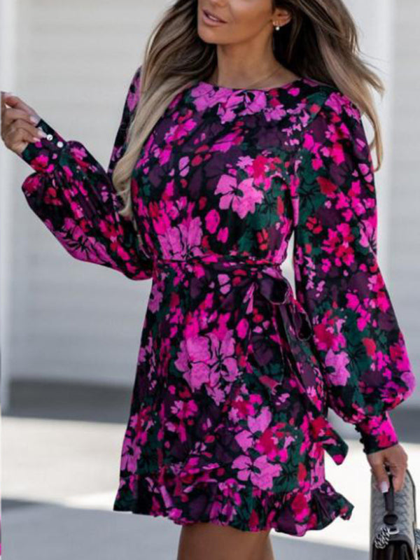 Modisches, sexy, bedrucktes, langärmliges Kleid mit Rundhalsausschnitt und Bindegürtel 
