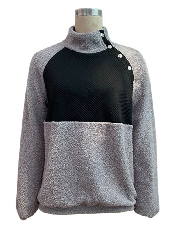 Supershep Colorblock-Sweatshirt mit seitlichen Knöpfen und hochflorigen Ärmeln für Damen 