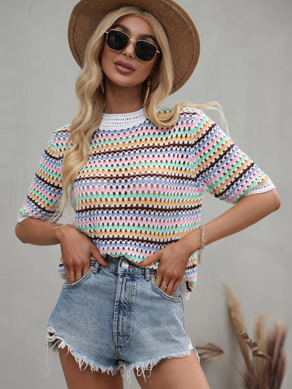 Paneled Hollow Knit Loose Crew Neck Striped Knit Sweater