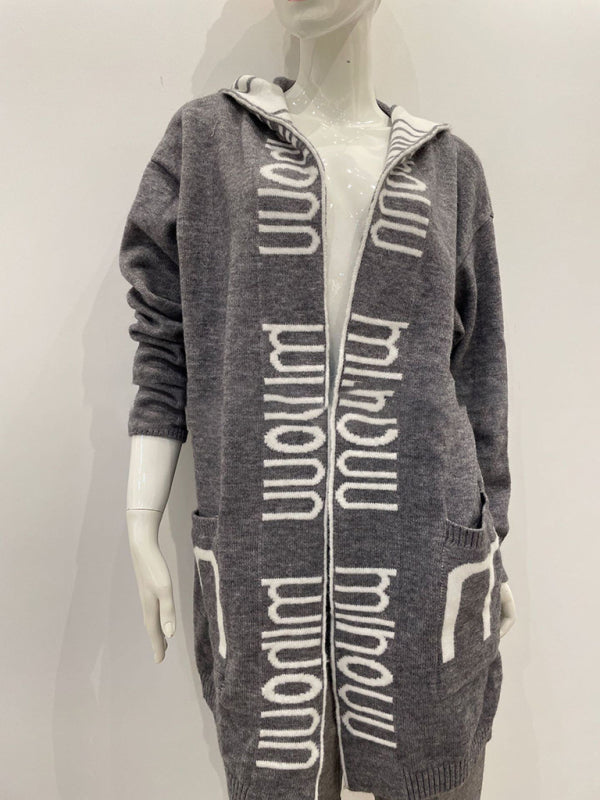 Cardigan mi-long automne et hiver, lettre Amazon, vêtements tricotés à capuche pour femmes 