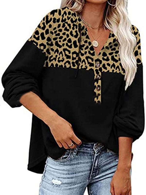 Damen-Hoodie aus Teddy-Fleece mit Leopardenmuster und halben Knöpfen 