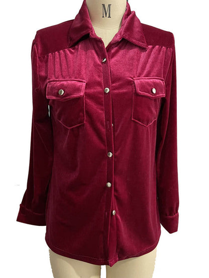 Chemise boutonnée en velours utilitaire de couleur unie pour femmes 