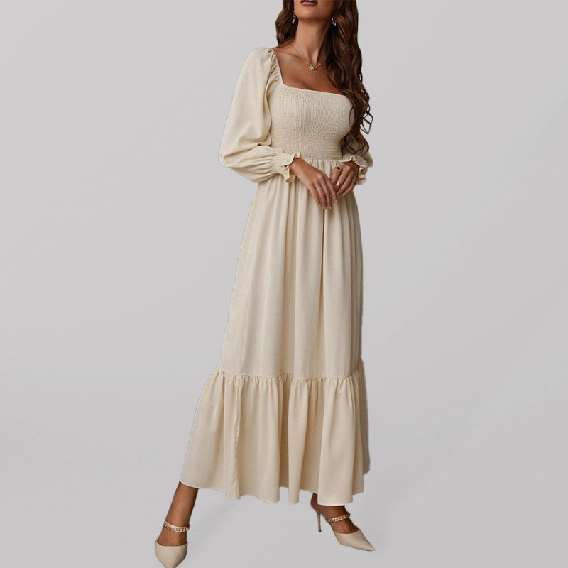 Robe longue smockée à manches longues et à plusieurs niveaux pour femme, couleur unie 