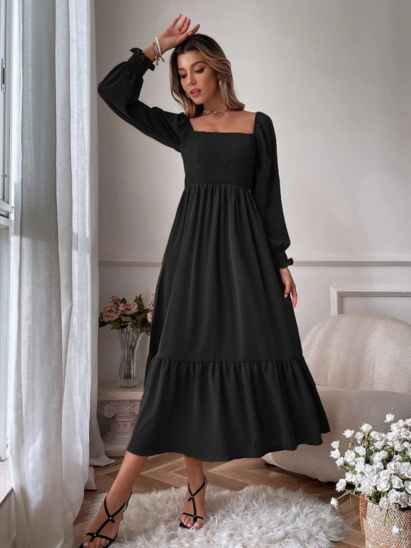 Robe longue smockée à manches longues et à plusieurs niveaux pour femme, couleur unie 