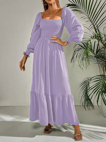 Robe longue smockée à manches longues et à plusieurs niveaux pour femme, couleur unie 