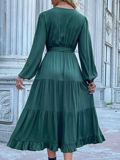 Robe longue à manches longues de couleur unie pour femmes, avec un bouton sur le devant et une taille nouée 