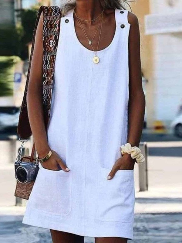 Nouveau Robe à bretelles en coton et lin avec boutons de poche pour femme 