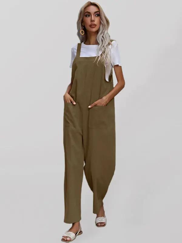 Olive green sleeveless cotton linen overalls for women