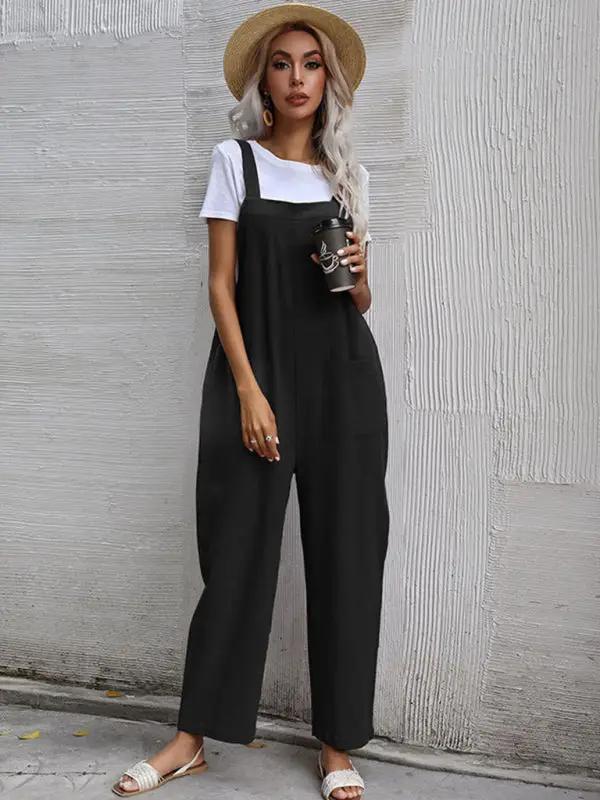 Black sleeveless cotton linen overalls for women