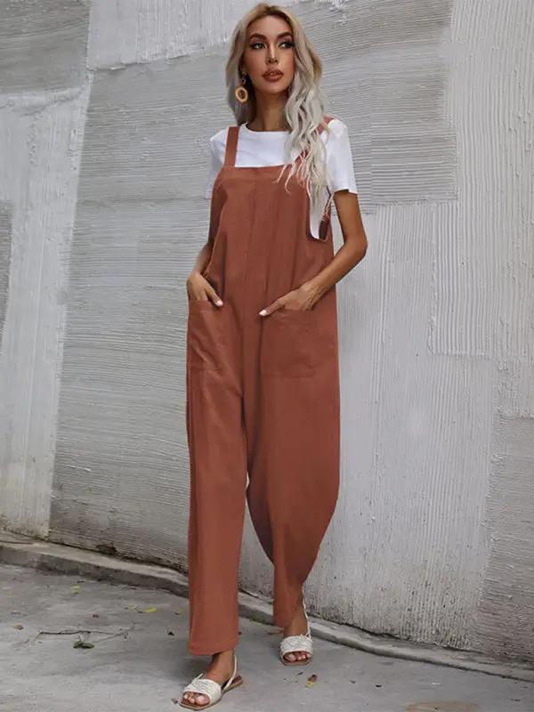 Rust orange sleeveless cotton linen overalls for women