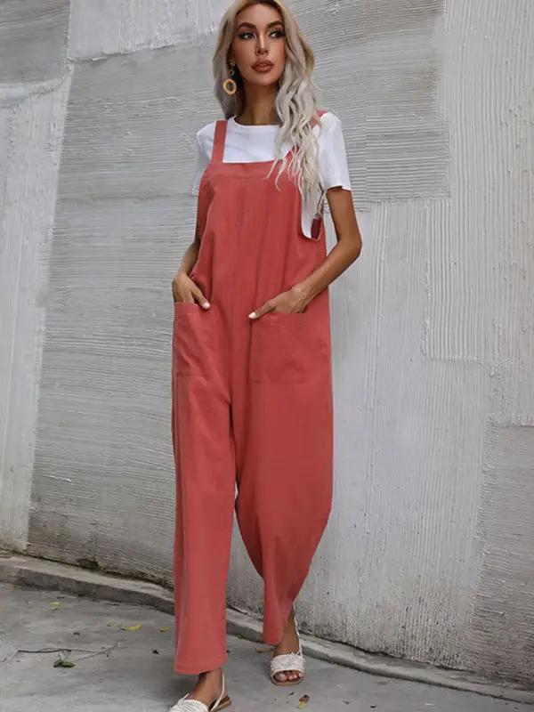 Coral pink sleeveless cotton linen overalls for women