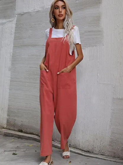 Coral pink sleeveless cotton linen overalls for women