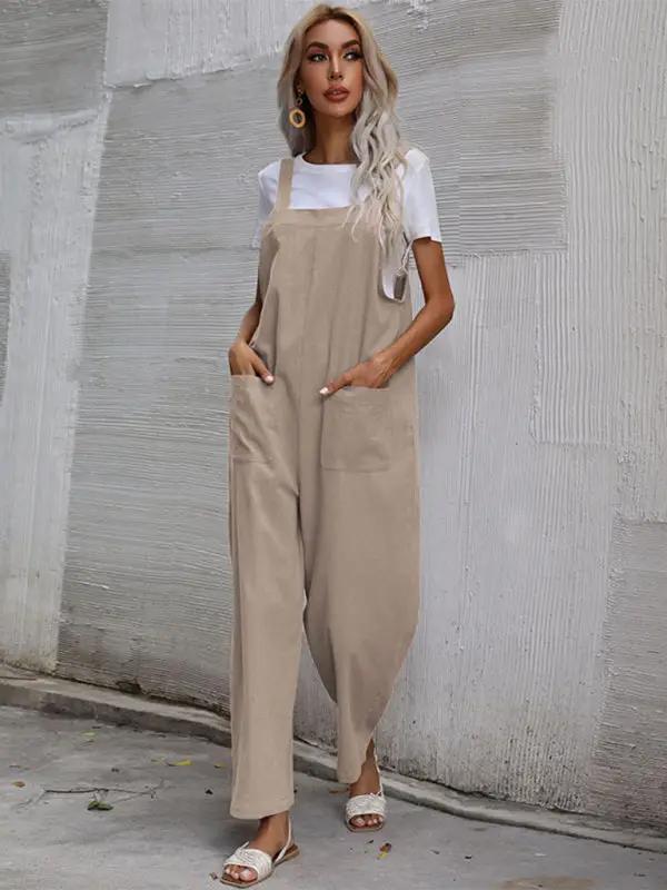 Beige sleeveless cotton linen overalls for women