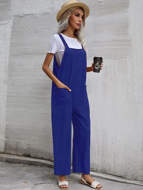 Royal blue sleeveless cotton linen overalls for women