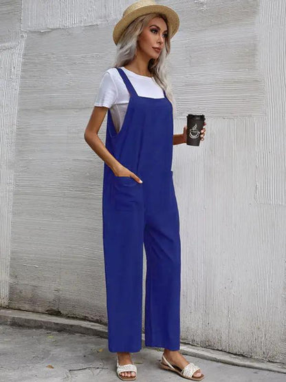 Royal blue sleeveless cotton linen overalls for women