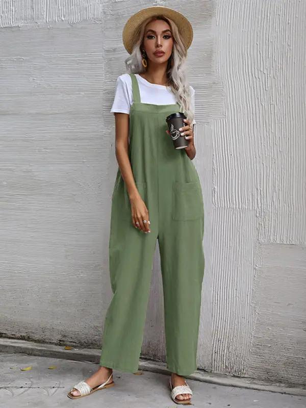 Sage green sleeveless cotton linen overalls for women