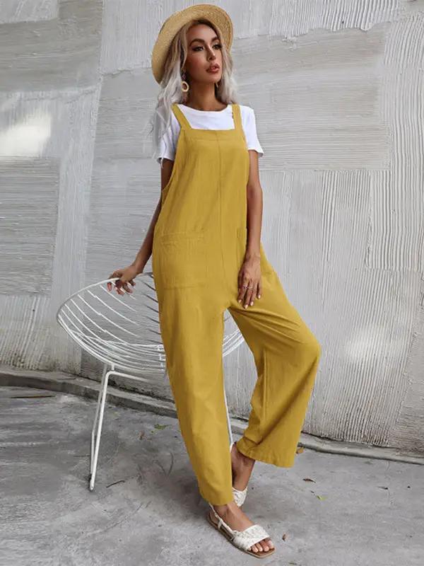 Mustard yellow sleeveless cotton linen overalls for women