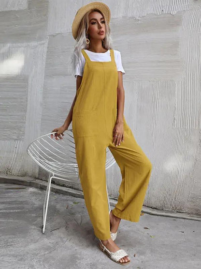 Mustard yellow sleeveless cotton linen overalls for women