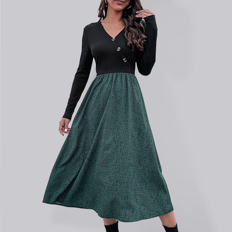 Robe mi-longue à manches longues et fausse portefeuille pour femme, jupe trapèze à pois, couleur unie