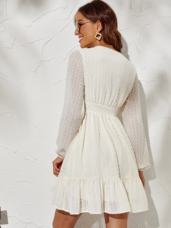 Robe ajustée et évasée en mousseline de soie à pois pour femmes, couleur unie