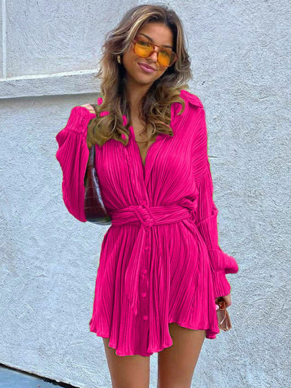 Pleated Long Sleeve Belted Shirt Casual Fashion Dress