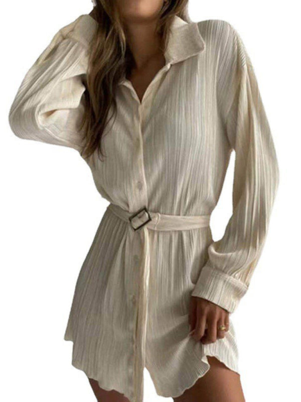 Chemise ceinturée plissée à manches longues, robe de mode décontractée 