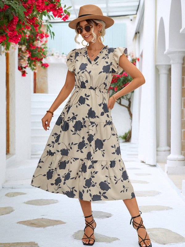 New Floral V-neck Printed Flying Sleeve Dress