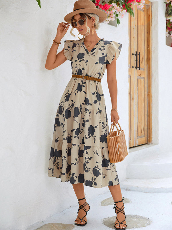 New Floral V-neck Printed Flying Sleeve Dress