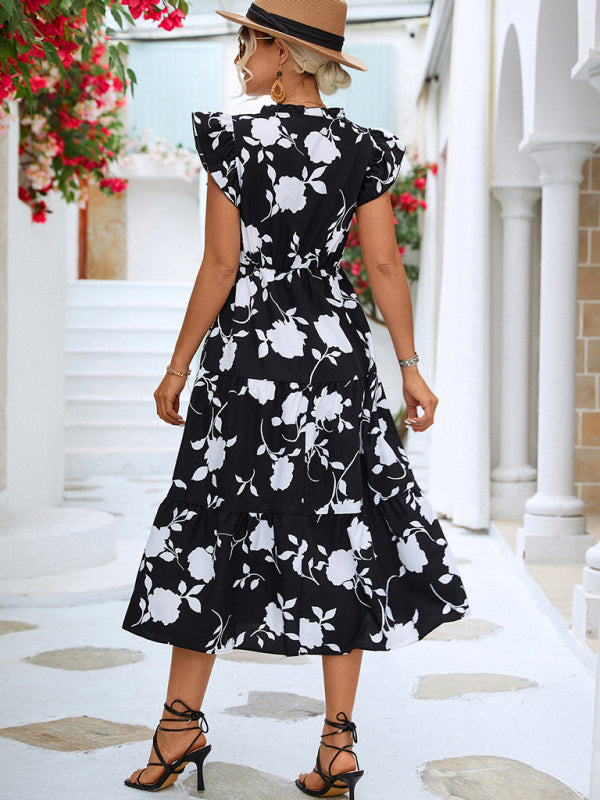 New Floral V-neck Printed Flying Sleeve Dress