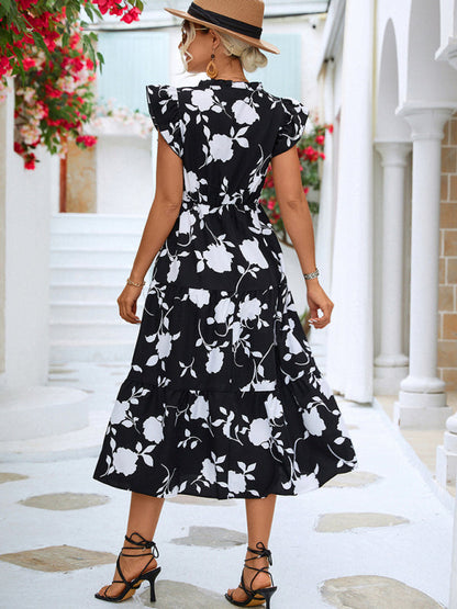 New Floral V-neck Printed Flying Sleeve Dress