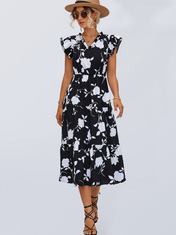 New Floral V-neck Printed Flying Sleeve Dress