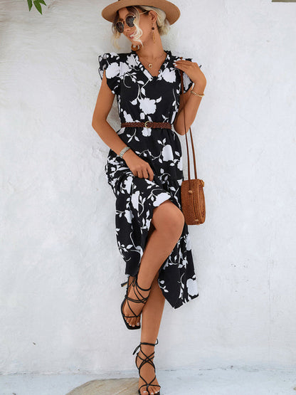 New Floral V-neck Printed Flying Sleeve Dress