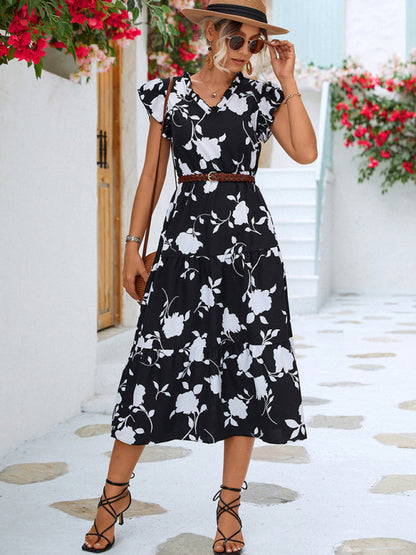 New Floral V-neck Printed Flying Sleeve Dress