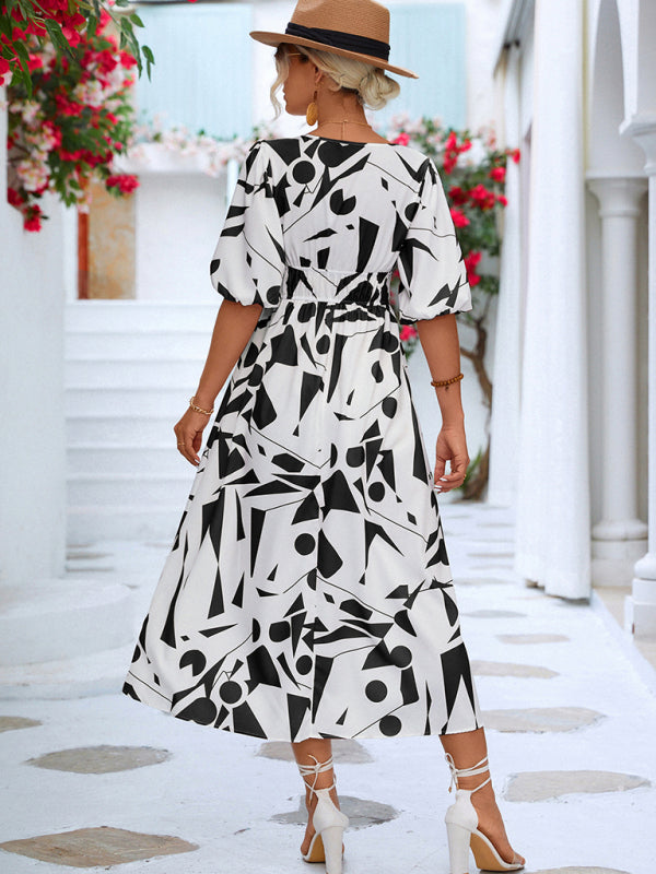 Robe décontractée à manches bouffantes et col en V pour femmes, vacances 