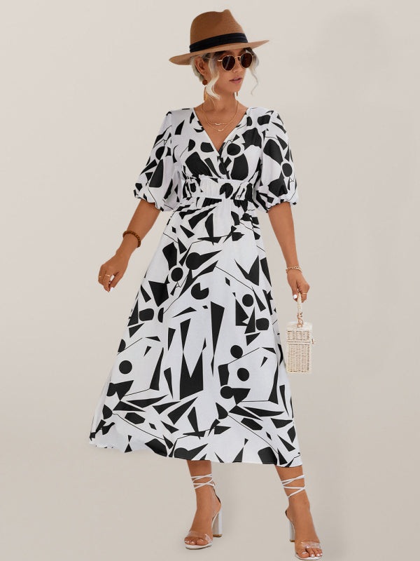 Robe décontractée à manches bouffantes et col en V pour femmes, vacances 