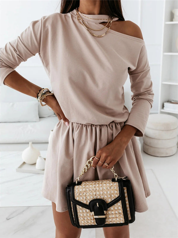 Robe à manches longues et col rond pour femmes, couleur unie, épaules dénudées