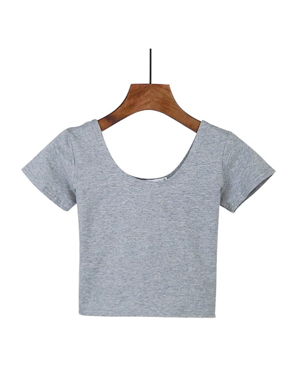 T-shirt moulant à manches courtes pour femmes, en coton, coupe nombril, haut court, slim, taille haute 