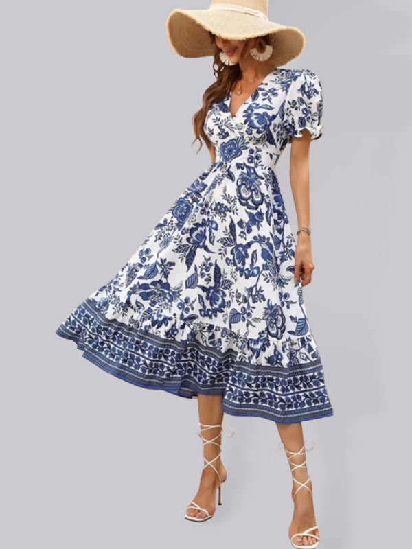 All-over positioning print printed puff-sleeved maxi-neck dress