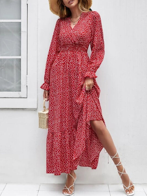 Robe de vacances européenne et américaine, imprimé floral élégant, col en v, vacances 