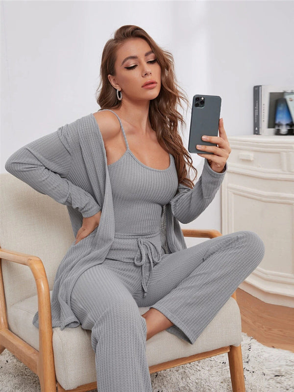 Loungewear Langer dreiteiliger Anzug aus Waffelstrick für Damen 