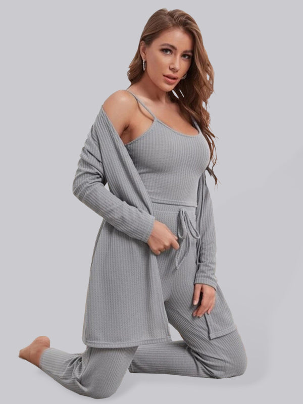 Loungewear Langer dreiteiliger Anzug aus Waffelstrick für Damen 