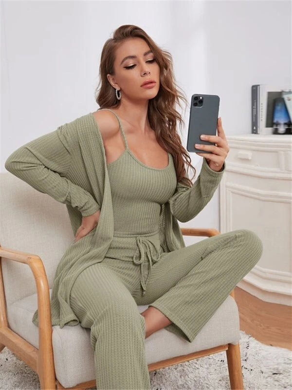 Loungewear Langer dreiteiliger Anzug aus Waffelstrick für Damen 