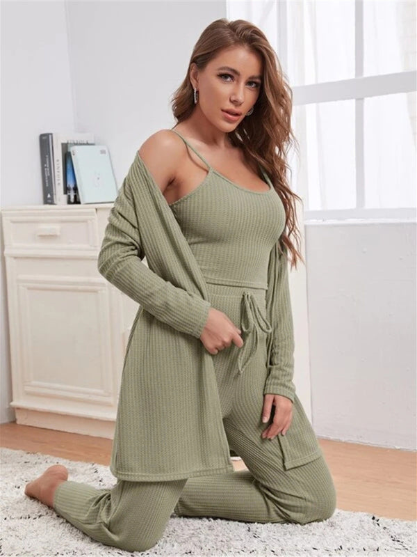 Loungewear Langer dreiteiliger Anzug aus Waffelstrick für Damen 