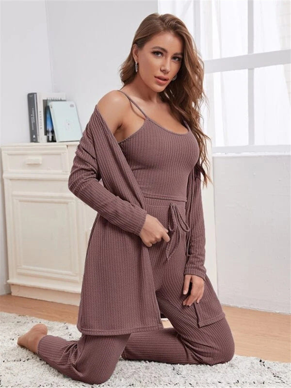 Loungewear Langer dreiteiliger Anzug aus Waffelstrick für Damen 