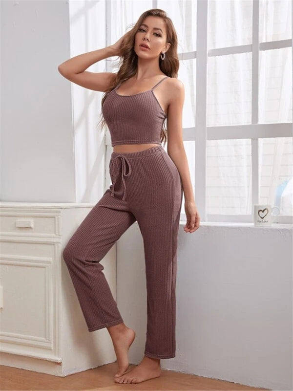 Loungewear Langer dreiteiliger Anzug aus Waffelstrick für Damen 