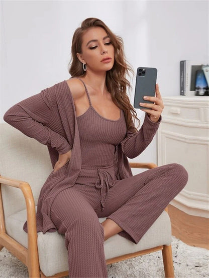 Loungewear Langer dreiteiliger Anzug aus Waffelstrick für Damen 