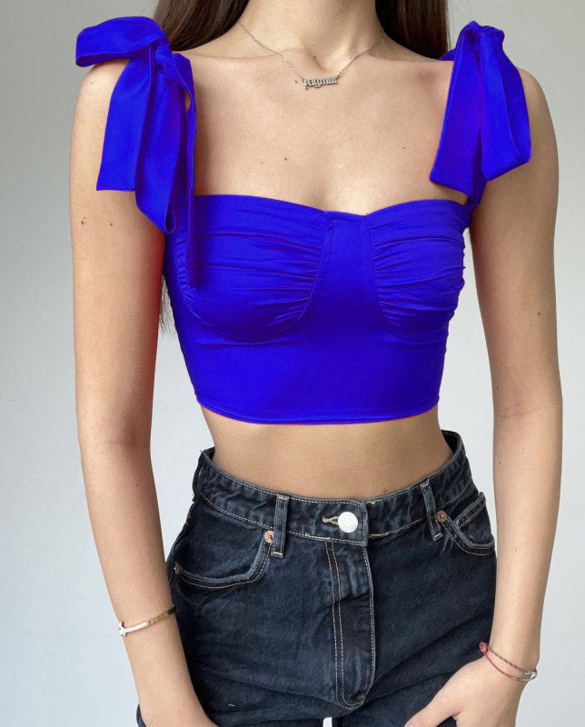 Pleated low-cut sexy strappy slim camisole with pleated neckline