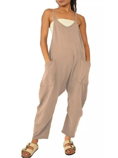 Beige V-neck suspender pocket jumpsuit, front view