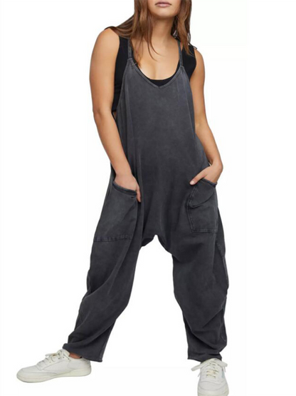Black V-neck suspender pocket jumpsuit, front view