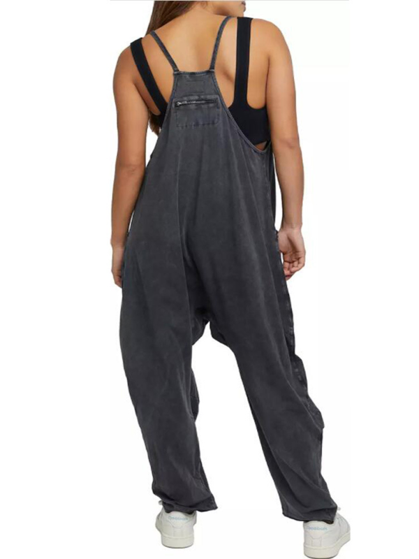 Black V-neck suspender pocket jumpsuit, back view